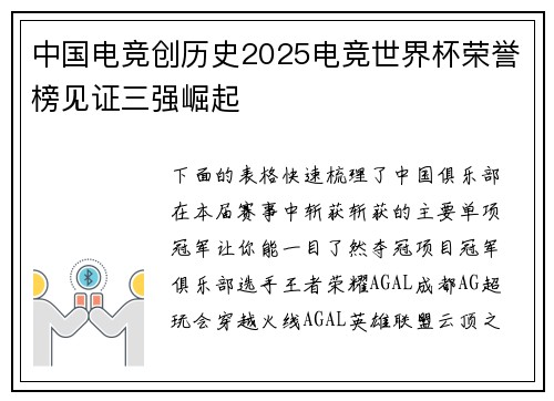 中国电竞创历史2025电竞世界杯荣誉榜见证三强崛起